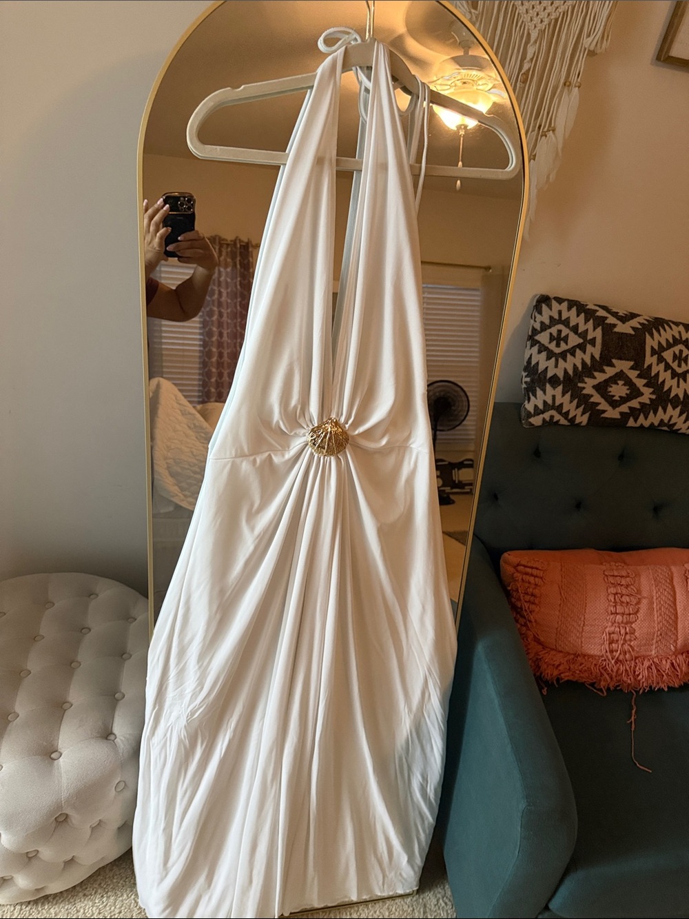 SHEIN White Halter Maxi Dress with Gold Accent